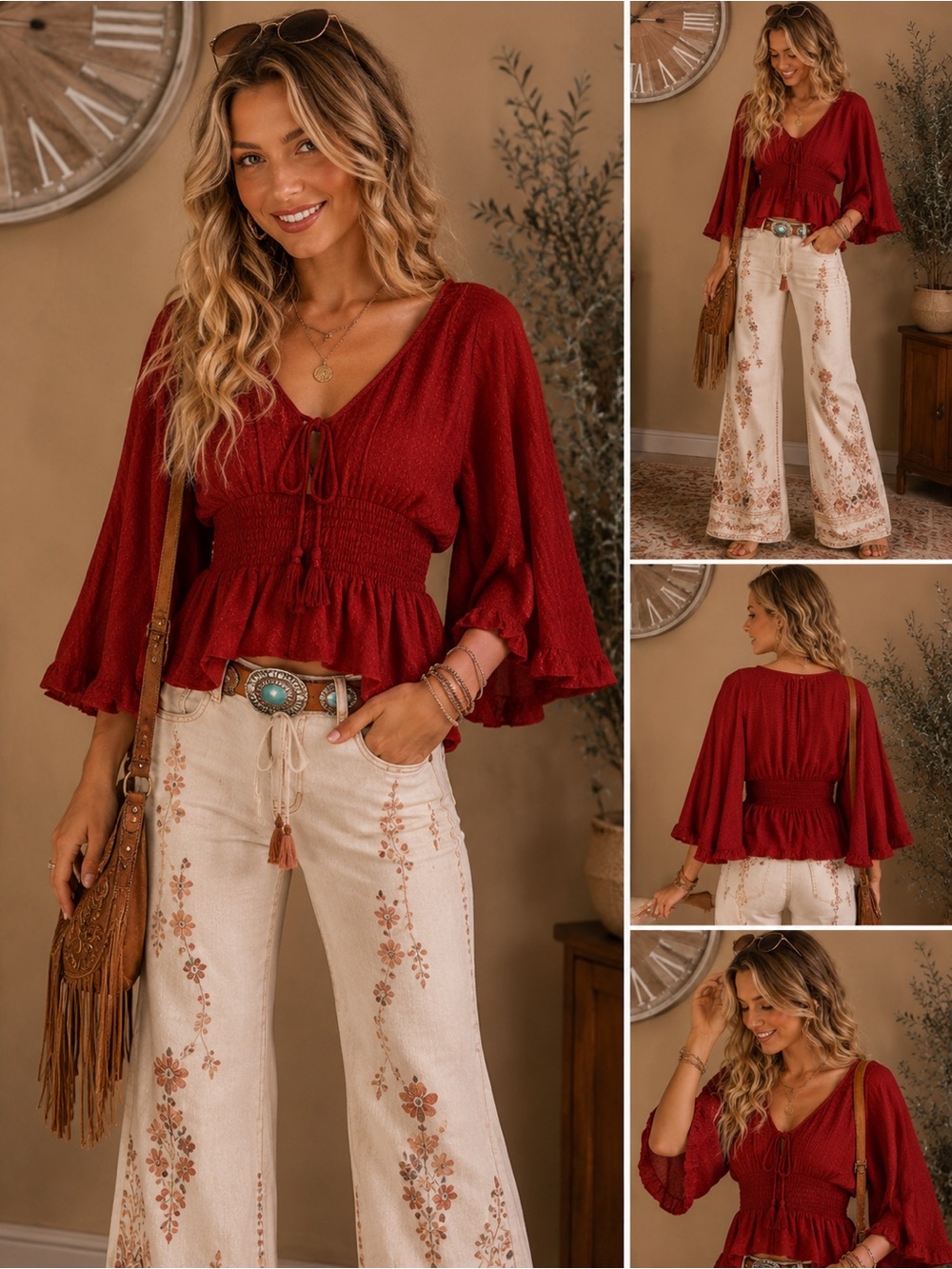 NWT Band of the Free Kacey Red Smocked Waist Top